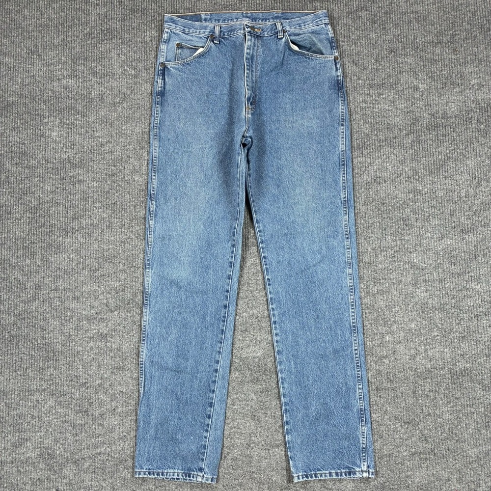 Wrangler Authentic Mens Straight Leg Jeans Size W34 Blue Stretch Denim High Rise